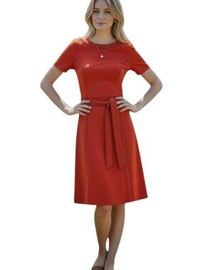 ✨ BODEN Orange Fit & Flare Dress 8R Waist Tie Pockets Contrast Stitch EUC 🧡